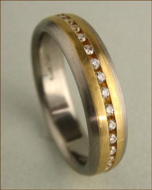Jerry Spaulding Titanium, 18k Gold and Diamond Band Standing Up